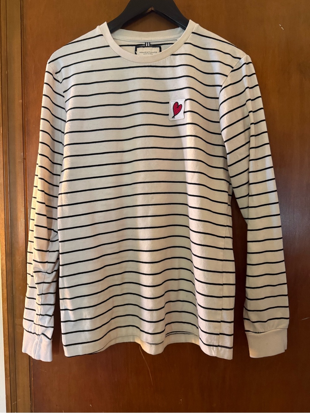 Denim & Flower Cream Striped Crewneck Sweater with Red Heart Patch